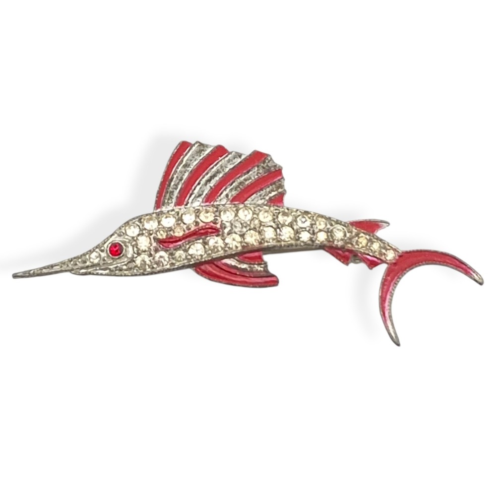 Vintage Rhinestone Swordfish Brooch Pin Red Enamel Marlin Sailfish McM 2.5"